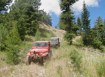 Jeeps traveling on an unmaintained dirt road.