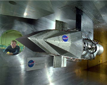 Photo of an advanced supersonic inlet, one of the key components of the next-generation high-speed civil transport, is being tested in the 10- by 10-Foot Supersonic Wind Tunnel.