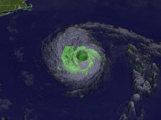 Hurricane Erin on 9-10-01.  Green is the TRMM-PR rain isosurface.  The semi-transparent clouds are derived from VIRS-IR and GOES-IR.  The background is MODIS-bluemarble.