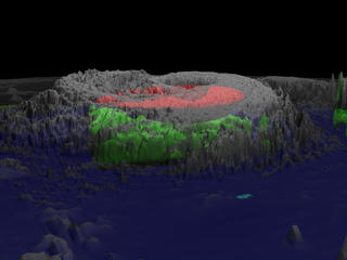 Erin on 9-10-01.  Red is the CAMEX-Dropson heat isosurface.  Green is the TRMM-PR rain isosurface.  The semi-transparent cloud layer is derived from VIRS-IR and GOES-IR.  The background is MODIS-bluemarble