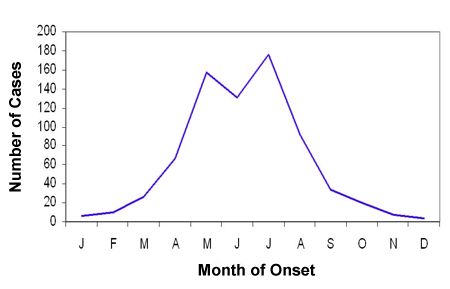 Graph showing the number of cases of RMSF by month of onset - 2002