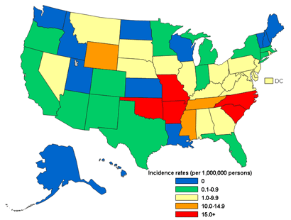 Map showing the number of RMSF cases by state - 2002