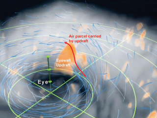 Air parcels represented by blue streamers are carried up in the atmosphere by the eyewall updraft shown in orange.