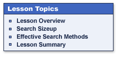 Lesson Topics

Lesson Overview
Search Sizeup
Effective Search Methods
Lesson Summary