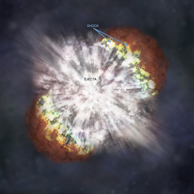 The illustration shows what the brightest supernova ever recorded, known as SN 2006gy, may have looked like. The fireworks-like material (white) shows the explosive death of an extremely massive star. Before it exploded, the star expelled the lobes of cool gas (red). As the material from the explosion crashes into the lobes, it heats the gas in a shock front (green, blue, and yellow) and pushes it backward.