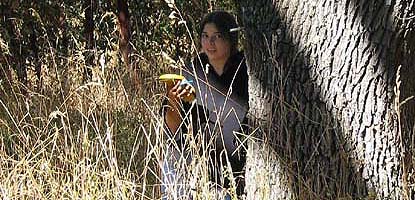 A woman monitors a Garry oak woodland.