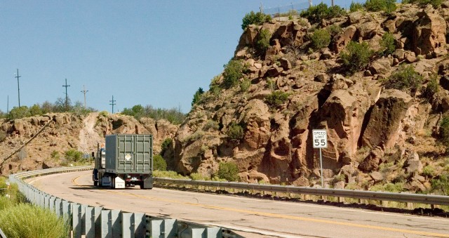 First leg of the trip. Drums of excess sealed sources that had been stored at TA-18 begin their trip to WIPP in a trailer bound for TA-54, where the drums will be loaded into a TRUPACT-11 waste container for shipment to the southern New Mexico disposal facility.