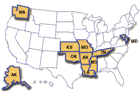 U.S. map highlighting the States of Washington, California, Alaska, Kansas, Oklahoma, Iowa, Missouri, Arkansas, Louisiana, Tennessee, Mississippi, and Maryland