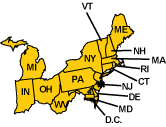 Image of the Northeastern states of the U.S. in yellow. 