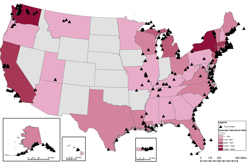 Figure 1: Ferry Route-Miles by State, 2005. If you are a user with disability and cannot view this image, use the table version. If you need further assistance, call 800-853-1351 or email answers@bts.gov.