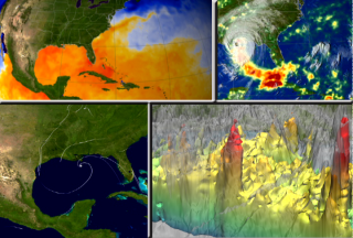 NASA researchers studied several elements during Hurricane Katrina in 2005.
The top left window shows sea surface temperature and clouds.  The bottom left window shows wind analysis model data.   The top right window shows Rainfall Accumulation.  The bottom right window shows Hurricane Katrina's Hot Towers.