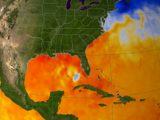 Sea surface temperature on Aug 29, 2005.  Orange and red depict regions where the conditions are suitable for hurricanes to form.  For more information go to
<a href='http://svs.gsfc.nasa.gov/vis/a000000/a003200/a003225/'>SVS animation 3225</a>.