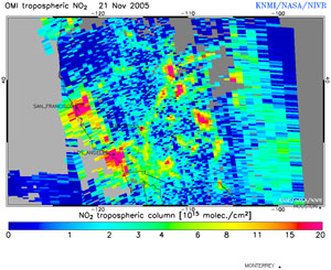 Tropospheric NO2 measurements of November 21, 2005 of Aura's Ozone Monitoring Instrument (OMI) above California, USA, showing San Francisco, Las Vegas and Los Angeles.