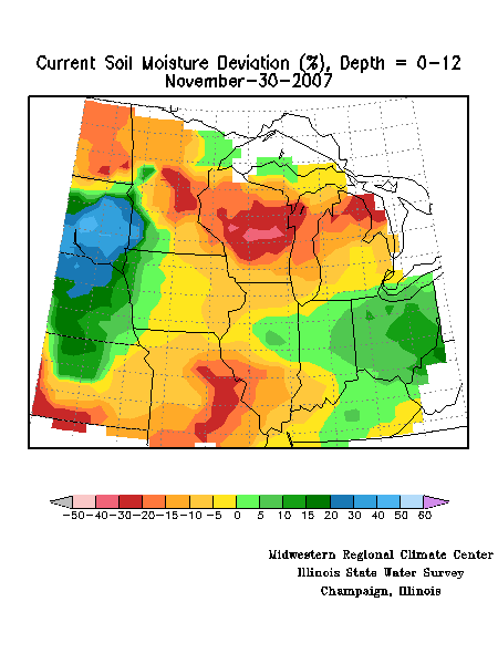 Map showing MRCC modeled soil moisture anomalies (percentiles), top (0-12 inches) layer