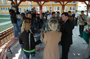 USAID Bureau for Europe & Eurasia Chief of Staff Brock D. Bierman speaks with local and international press after the Liberty Pavilion dedication at Southeast European University in Tetovo, Macedonia