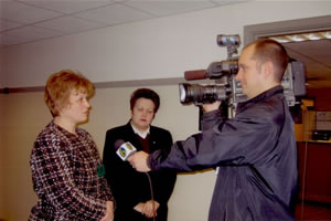 Delegation leaders Galina Balmos, from the Communist Party, and Vitalia Pavlicenco, from Our Moldova Alliance Party, gives an interview to local media from Lansing, MI