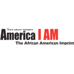 Logo for America I AM exhibit with text in black and red.