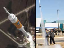 Left, Ares I artist concept. Right, launch of Ares I model rocket.