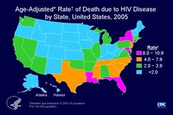 Slide #10 - Title:
Age-Adjusted* Rate† of Death due to HIV Disease, by State, United States, 2005

Rates of death due to HIV disease were highest in states along the middle and southern Atlantic and gulf coasts, and lowest in the interior of the country.