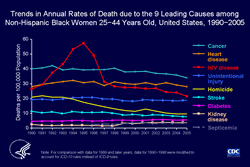 Slide #23 - Title:
Trends in Annual Rates of Death due to the 9 Leading Causes among Black, not Hispanic Women 25−44 Years Old, United States, 1990−2005

From 1993 through 1996, HIV disease was the most common cause of death among non-Hispanic black women 25 to 44 years of age. The rate of death due to HIV peaked in 1995, when HIV caused more than 3,000 deaths, or 23% of all deaths in this demographic group. The rate of death due to HIV dropped rapidly in 1996 and 1997, after which HIV disease was the 3rd leading cause of death. In 2005, HIV caused about 1,200 deaths, or 11% of all deaths in this group.

[Technical Notes:For the calculation of national death rates by race and ethnicity, data for a few states were excluded for the years when death certificates for those states did not collect information on Hispanic ethnicity. The states for which data were omitted were: Connecticut and Louisiana in 1990, New Hampshire through 1992, and Oklahoma through 1996.]