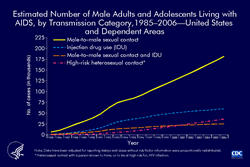Slide 16: Estimated Number of Male Adults and Adolescents Living with AIDS, by Transmission Category, 1985–2006—United States and Dependent Areas