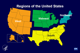 Slide 4: Regions of the United States

This map shows the 50 states (and the District of Columbia) that are included in each of four regions of the United States. American Samoa, Guam, the Northern Mariana Islands, Puerto Rico, and the U.S. Virgin Islands are not included in this regional classification system, although they report AIDS cases to CDC.

Regions of residence are defined as follows:

Northeast—Connecticut, Maine, Massachusetts, New Hampshire, New Jersey, New York, Pennsylvania, Rhode Island, Vermont

Midwest—Illinois, Indiana, Iowa, Kansas, Michigan, Minnesota, Missouri, Nebraska, North Dakota, Ohio, South Dakota, Wisconsin

South—Alabama, Arkansas, Delaware, District of Columbia, Florida, Georgia, Kentucky, Louisiana, Maryland, Mississippi, North Carolina, Oklahoma, South Carolina, Tennessee, Texas, Virginia, West Virginia

West—Alaska, Arizona, California, Colorado, Hawaii, Idaho, Montana, Nevada, New Mexico, Oregon, Utah, Washington, Wyoming
