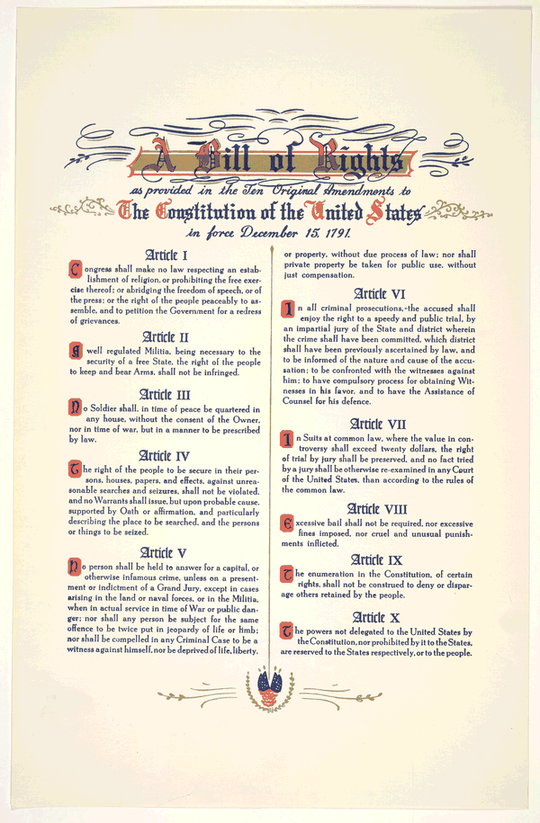Image 1 of 1, A bill of rights as provided in the ten original a