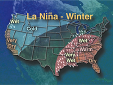 Weather map of the United States showing La Niña effects