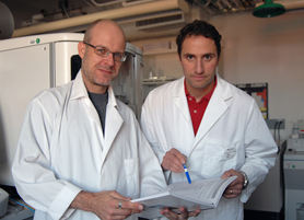 Michael Otto, left, and Frank DeLeo conferring inside their laboratory at Rocky Mountain Laboratories.