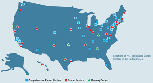 U.S. map showing locations of NCI-designated cancer centers in the United States.
