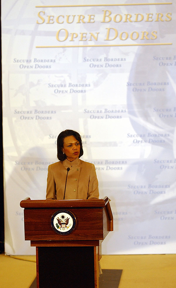 Secretary Rice speaks at joint public announcement of Rice-Chertoff Joint Vision: Secure Borders and Open Doors in the Information Age, with The Honorable Michael Chertoff, Secretary of Homeland Security, in the Dean Acheson Auditorium.