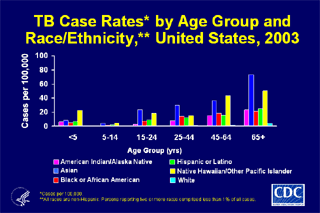 Slide 10: TB Case Rates by Age Group and Race/Ethnicity, United States, 2003. Click here for larger image