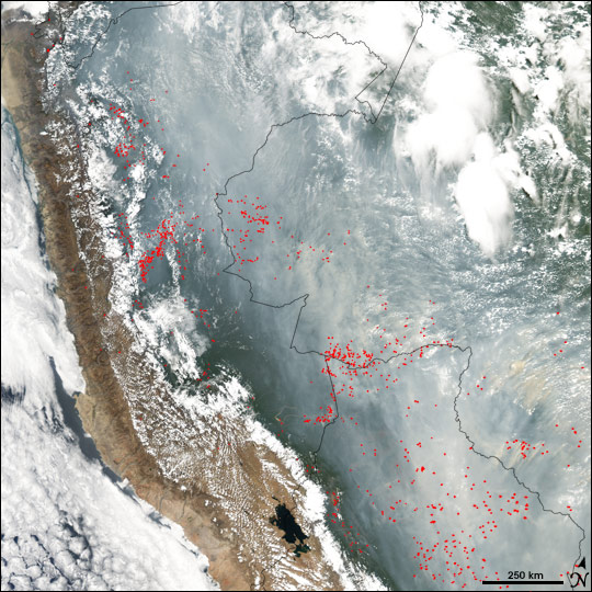 Fires in Central South America Image. Caption explains image.