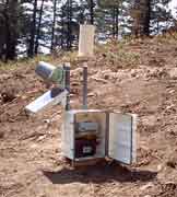 Photograph of precipitation gage used at Missionary Ridge Fire.