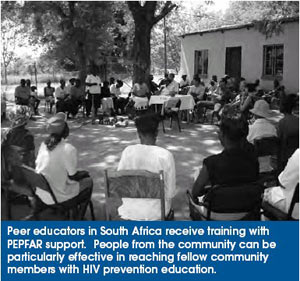 Peer educators in South Africa receive training with PEPFAR support. People from the community can be particularly effective in reaching fellow community members with HIV prevention education.