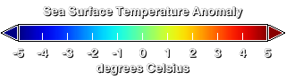Color bar showing temperature anomalies ranging from 5 degrees Celsius (9 Farenheit) hotter (red areas) to 5 C (9 F) cooler (blue areas).