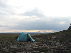 A tent on the high tundra landscape of northwest Alaska.