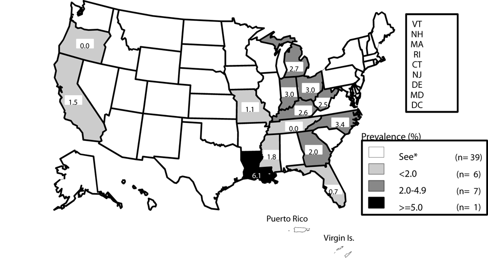 Gonorrhea — Prevalence among 16- to 24-year-old men entering the National Job Training Program by state of residence: United States and outlying areas, 2005