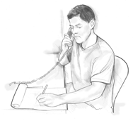 Drawing of a man sitting at a table, talking on the phone, and writing on a pad of paper.