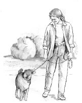 Drawing of a woman dressed in casual clothes walking a dog on a leash.