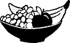 Drawing of a bowl containing bananas, grapes, and an apple.