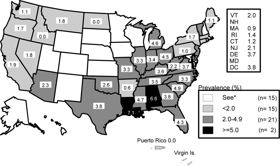 Figure M. Gonorrhea—Prevalence among 16- to 24-year-old women entering the National Job
Training Program by state of residence: United States and outlying areas, 2006