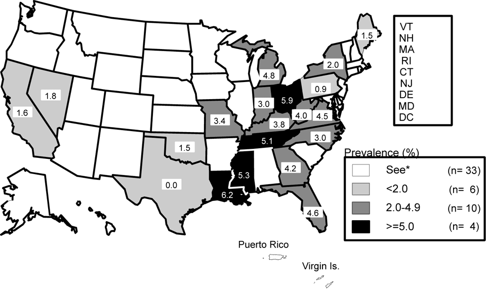 Figure N. Gonorrhea — Prevalence among 16- to 24-year-old men entering the National Job
Training Program by state of residence: United States and outlying areas, 2006