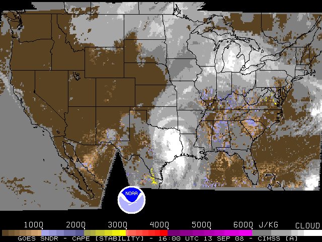 Convective Available Potential Energy (CAPE) derived from the GOES-12 sounder.  Click on the image for a larger view.