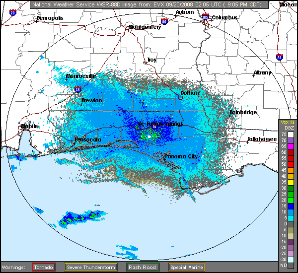 The latest base reflectivity image from the NWS Doppler radar at Eglin AFB, FL.  Click on the image for additional options.