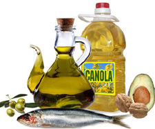 photo of olives, walnuts, canola oil, olive oil and fish