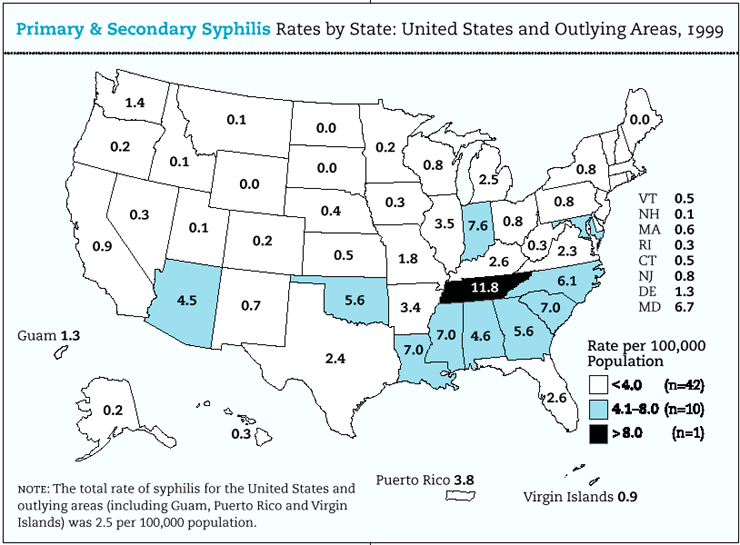 P&S Syphilis Rates by State: Unites States and Outlying Areas, 1999