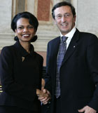 Secretary Rice shakes hands with Italian Foreign Minister Gianfranco Fini at the end of a joint media conference at Villa Madama in Rome.