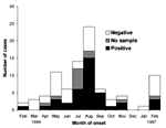 Figure 1. Human monkeypox cases by month of onset in 12 villages, according to results of neutralization assay, Katako-Kombe Health Zone, February 1996 to February 1997.