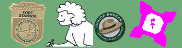 a junior ranger badge, a drawing of a happy kid, 